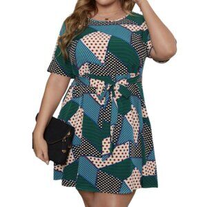 Plus Polka Dot & Geo Print Belted Dress